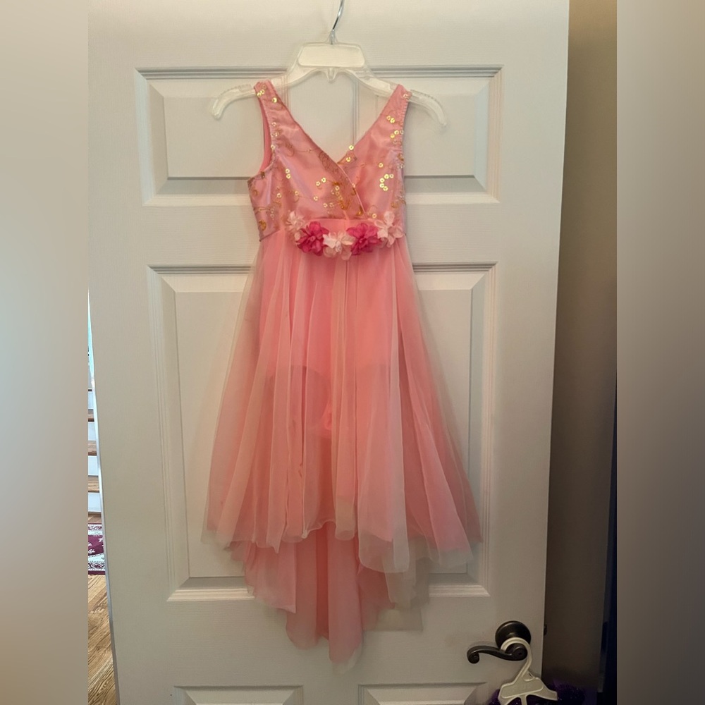 Girl’s pink chiffon Ballet Costume, sequin embroidered bodice with flower decor